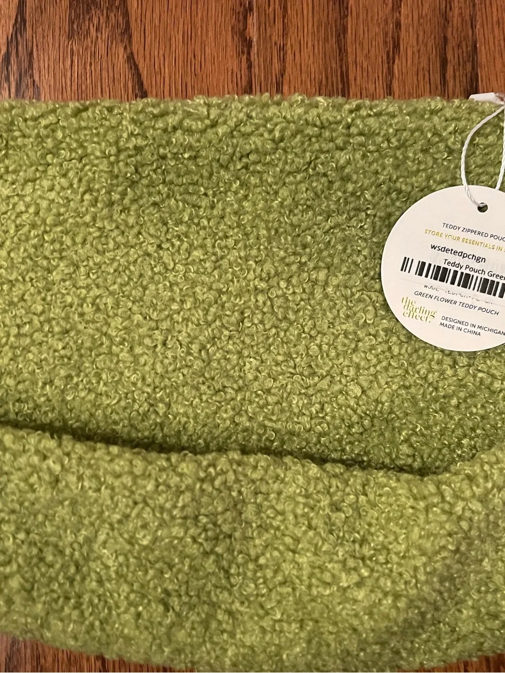 Green Daisy faux- shearling pouch with White Flowers